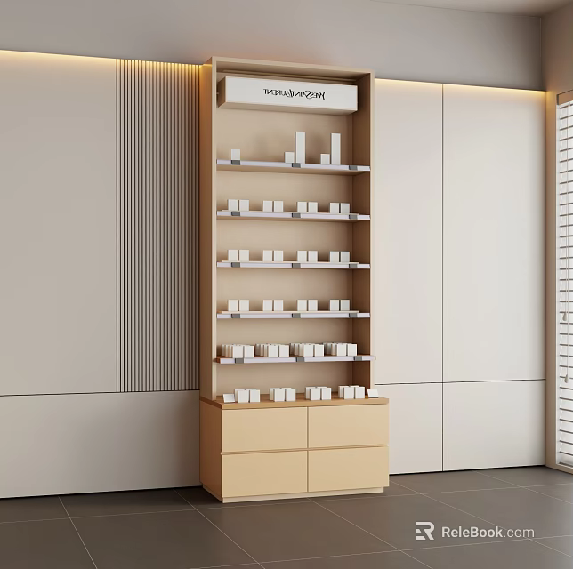Modern Showcase Shelving Unit with Multiple Shelves Small White Boxes Bottom Drawers and Vertical Stripes 3d model 