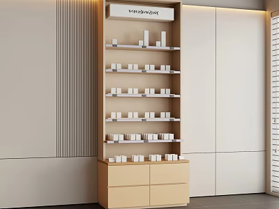 Modern Showcase Shelving Unit with Multiple Shelves Small White Boxes Bottom Drawers and Vertical Stripes 3d model