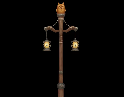 Rustic Outdoor Light with Owl Decoration and Hanging Lanterns on Wooden Pole 3d model
