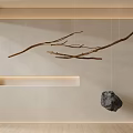 Natural Branch And Stone Hanging Decor On Light Wall With Wooden Floor And Rectangular Light Strip