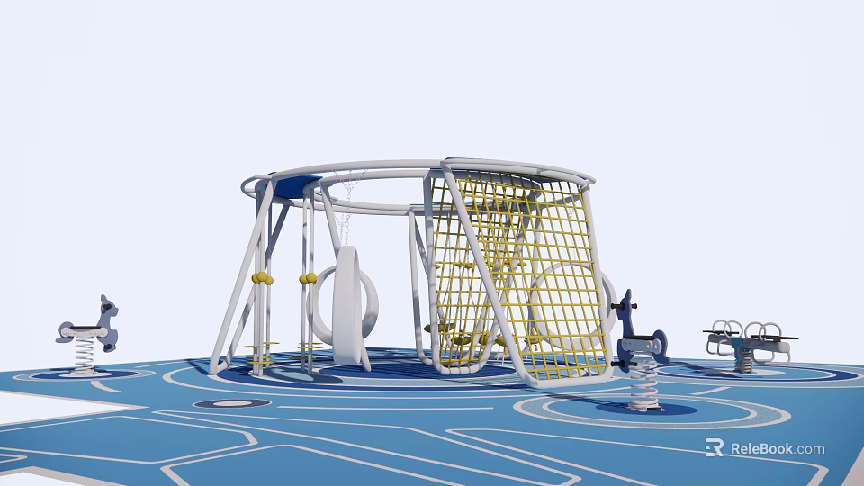 Outdoor Playground Equipment With Swings Climbing Net And Blue Floor Design 3d model 