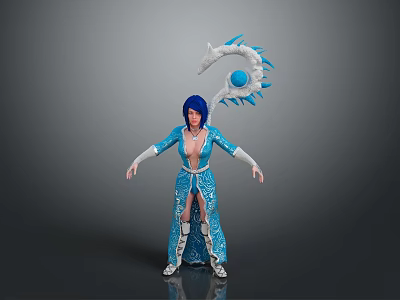 Woman with Blue Hair in Blue Robe White Gloves and White Dragon Holding Blue Orb 3d model