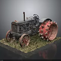 Vintage Tractor Model With Large Red Spiked Wheels Metal Body And Grass Base