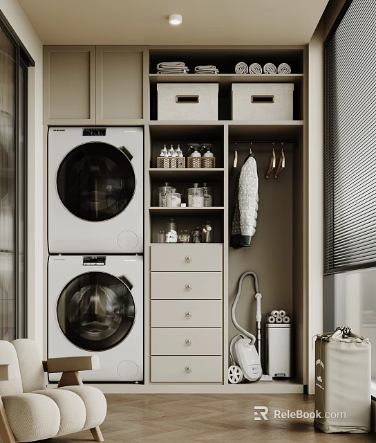 Organized Home Balcony With Stacked Washing Machine Dryer Storage Cabinets Drawers Containers And Blinds 3d model 
