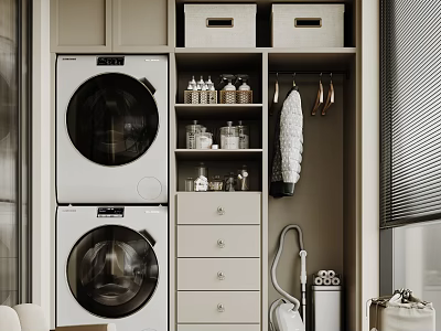 Organized Home Balcony With Stacked Washing Machine Dryer Storage Cabinets Drawers Containers And Blinds 3d model
