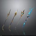 Various Ornate Mythical Weapons With Golden Elements Gemstones And Blue Glow
