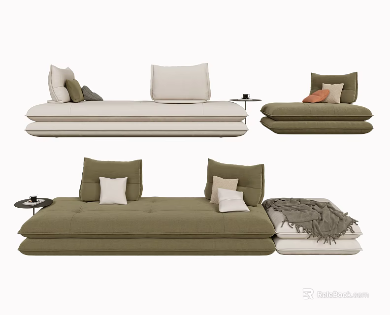 Modern Modular Sofa Set with Beige Olive Green Pillows Side Table and Blanket 3d model