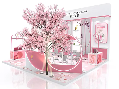 Pink Themed Exhibition Booth With Cherry Blossom Tree Tables Chairs And Decorations 3d model