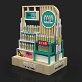 Retail Floor Display with Fresh Soy Milk Bottles and Cans on Wooden Multi Layer Shelf