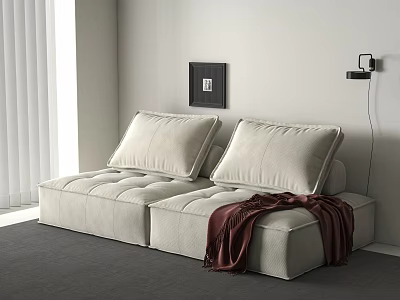 Modern Beige Two-Seater Sofa With Large Cushions Red Blanket Wall Art And Grey Carpet 3d model