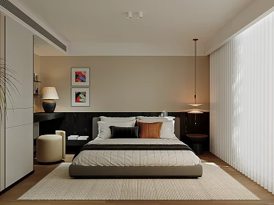 Modern Bedroom Interior With Comfortable Bed Pillows Nightstand Lamp Area Rug And Wall Art 3d model