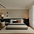 Modern Bedroom Interior With Comfortable Bed Pillows Nightstand Lamp Area Rug And Wall Art