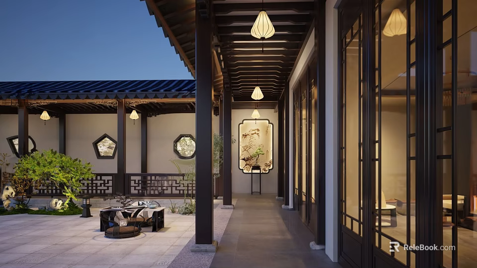 Traditional Chinese Building Exterior Wall With Wooden Frames Lattice Windows And Lanterns In Courtyard 3d model 