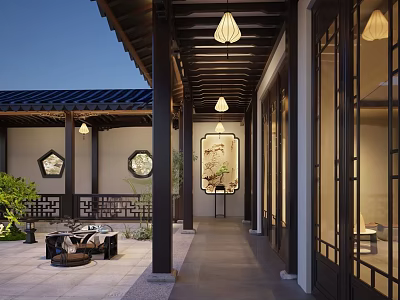 Traditional Chinese Building Exterior Wall With Wooden Frames Lattice Windows And Lanterns In Courtyard 3d model