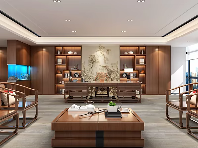 Traditional Chinese Office Interior Design With Wooden Bookshelves Coffee Table And Decorative Painting 3d model