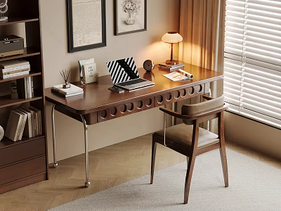Modern Home Workspace Wooden Desk With Table Lamp Leather Chair Books And Blinds 3d model