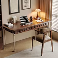 Modern Home Workspace Wooden Desk With Table Lamp Leather Chair Books And Blinds