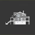 Cartoon Style House Scene With Gray Roof White Walls And Palm Trees On Green Lawn