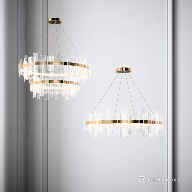 Contemporary Gold Frame Glass Chandeliers With Transparent Strips And Hanging Design For Interior Decor 3d model 