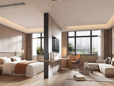 Modern Hotel Guest Room With King Bed Desk Chair Sofa And City View Through Windows 3d model