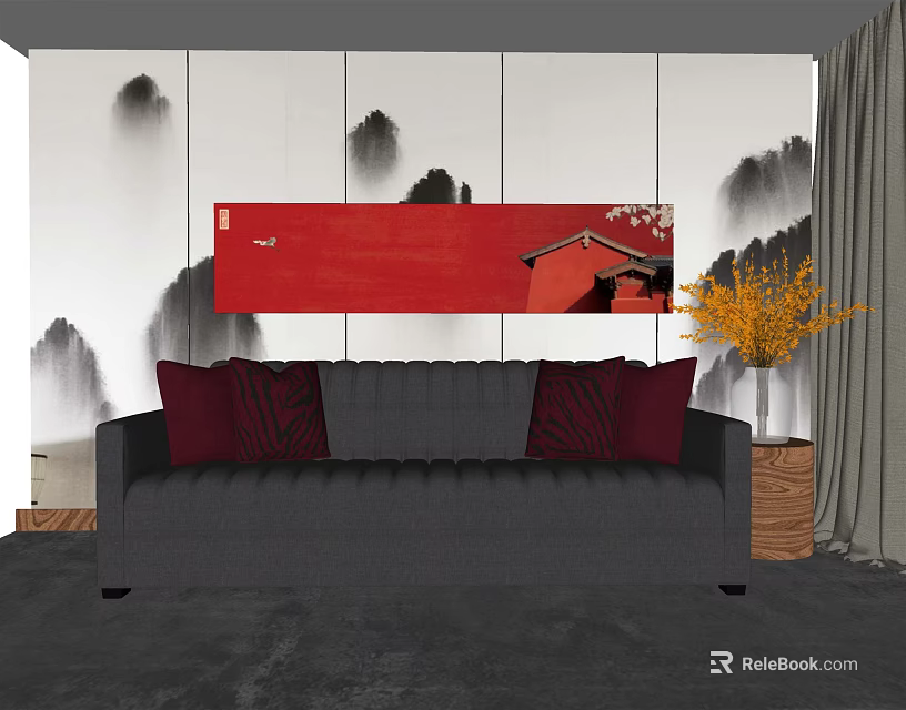Gray Two Seater Sofa With Red Cushions And Red Painting Above Ink Mountain Landscape Wall 3d model 