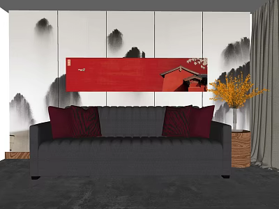 Gray Two Seater Sofa With Red Cushions And Red Painting Above Ink Mountain Landscape Wall 3d model