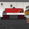 Gray Two Seater Sofa With Red Cushions And Red Painting Above Ink Mountain Landscape Wall
