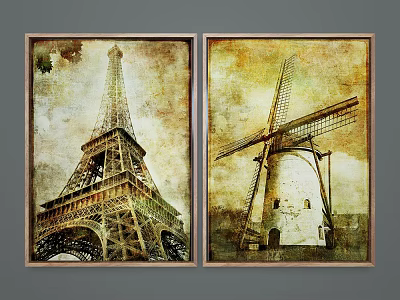 Vintage Framed Landscape Paintings Featuring Eiffel Tower And Traditional Windmill 3d model