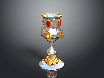 Elegant Decorative Cup With Silver Body Gold Accents Red Gemstones And Leaf Base 3d model