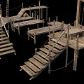 Ancient Architectural Wooden Scaffolding With Planks Platforms Stairs And Ladders