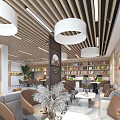 Modern Lounge Area Interior Design With Bookshelves Comfortable Chairs Marble Floor And Pendant Lights