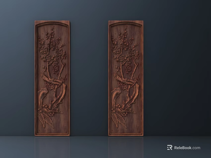 Intricate Carvings On Brown Wooden Panels With Plum Blossoms And Birds 3d model 