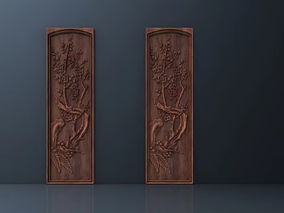 Intricate Carvings On Brown Wooden Panels With Plum Blossoms And Birds 3d model