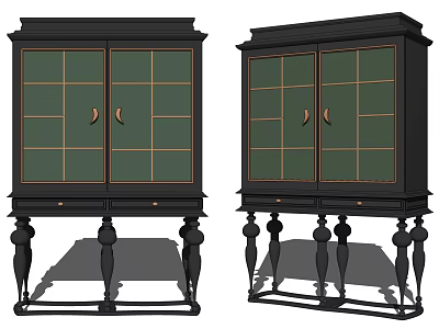Black Entryway Side Cabinet With Glass Doors Grid Pattern Decorative Legs And Drawer 3d model