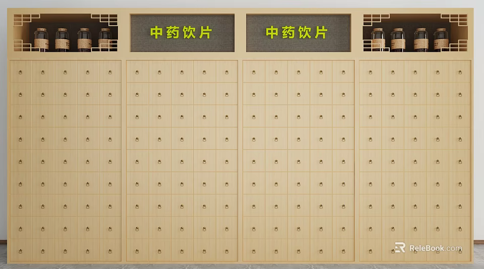 Wooden Chinese Herbal Pieces Display Shelves With Multiple Drawers And Storage 3d model 