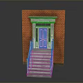 Building Entrance With Red Brick Wall Blue Door And White Frame Concrete Steps