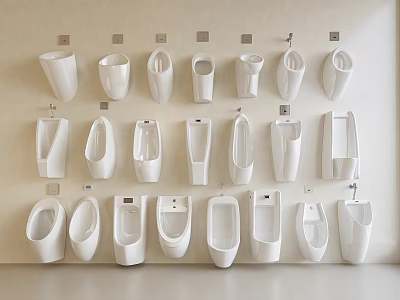 White Urinals with Various Designs Arranged on the Wall 3d model