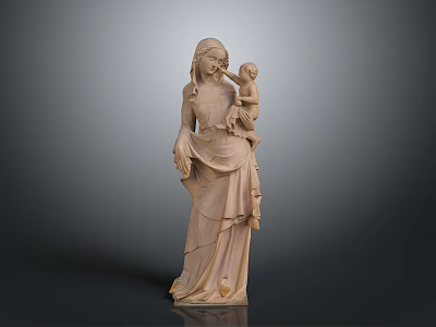 Historic Building Interior Showcasing Wooden Madonna and Child Sculpture Artwork 3d model