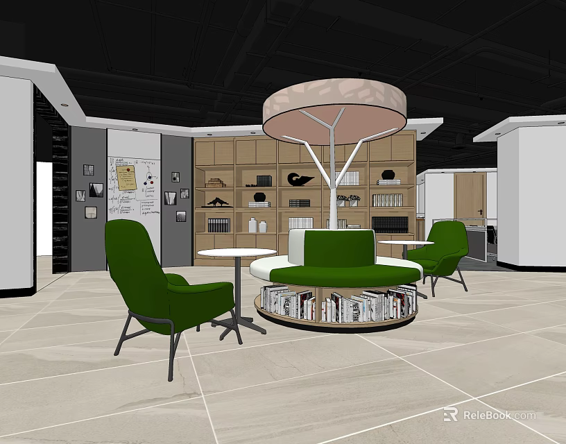Modern Lounge Area With Green Chairs Round Table Bookshelves And Pendant Light 3d model 