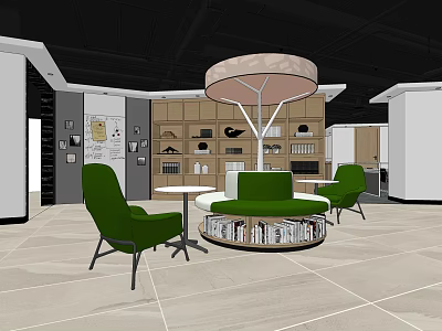 Modern Lounge Area With Green Chairs Round Table Bookshelves And Pendant Light 3d model