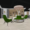 Modern Lounge Area With Green Chairs Round Table Bookshelves And Pendant Light