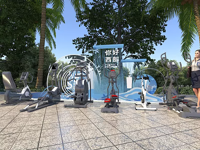 Outdoor Sports Equipment In Open Air Fitness Area With Trees And Palm Trees 3d model
