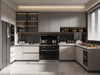 Modern Kitchen Interior With Gray White Glass Door Cabinets Black Appliances And Marble Countertops 3d model