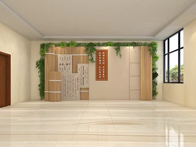 Elegant Wooden Carved Panels On Interior Decorative Wall With Green Vines And Bamboo Elements 3d model