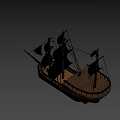 Wooden Pirate Ship With Black Sails Masts And Jolly Roger Flag