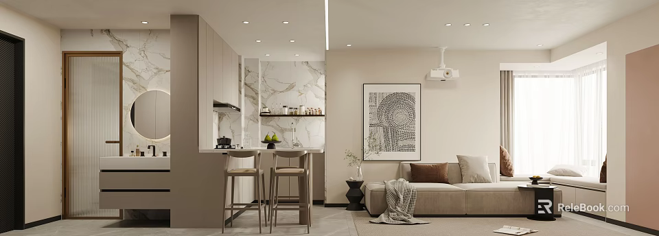 Modern Cozy Open Plan Living And Dining Room Interior With Comfortable Sofa And Breakfast Bar 3d model 