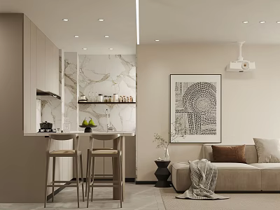 Modern Cozy Open Plan Living And Dining Room Interior With Comfortable Sofa And Breakfast Bar 3d model