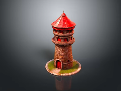 Scenic Red Roof Lighthouse Model with Brick Structure and Red Door on Green Grass Base 3d model