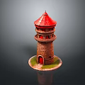 Scenic Red Roof Lighthouse Model with Brick Structure and Red Door on Green Grass Base