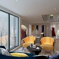 Clothing Store Interior Design With Staircase Display Racks And Seating Furniture